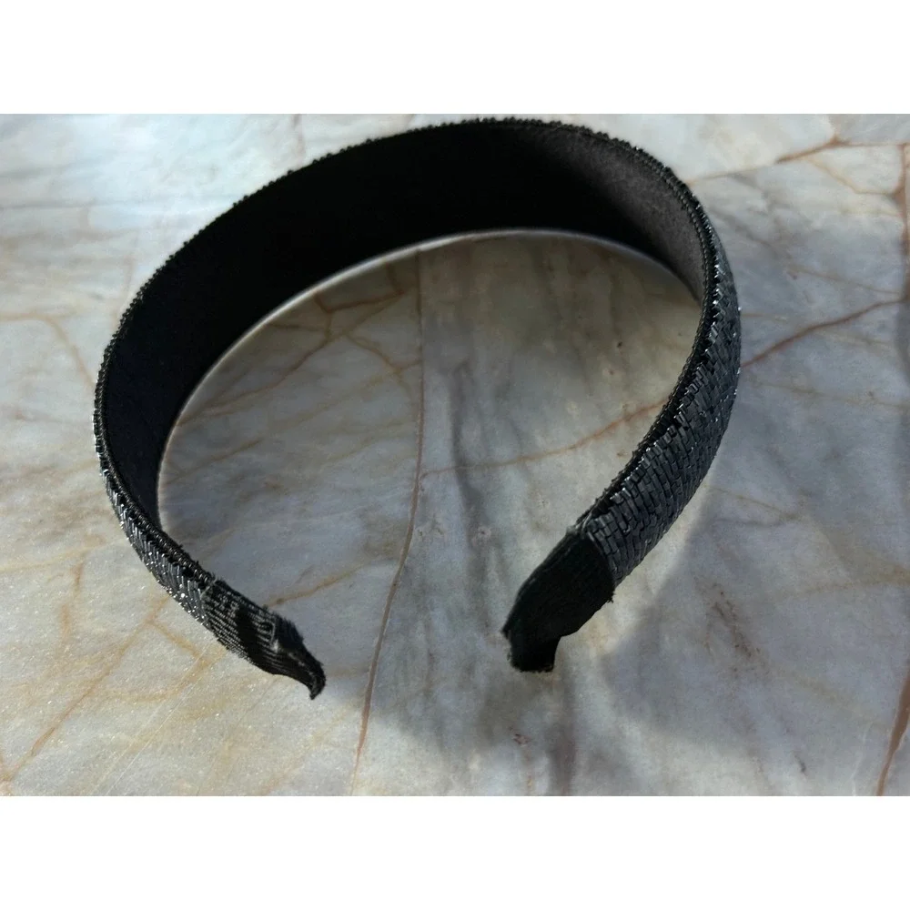 Gunmetal Beaded Headband Metallic Black Bugle Bead Hair Accessory Hand Beaded